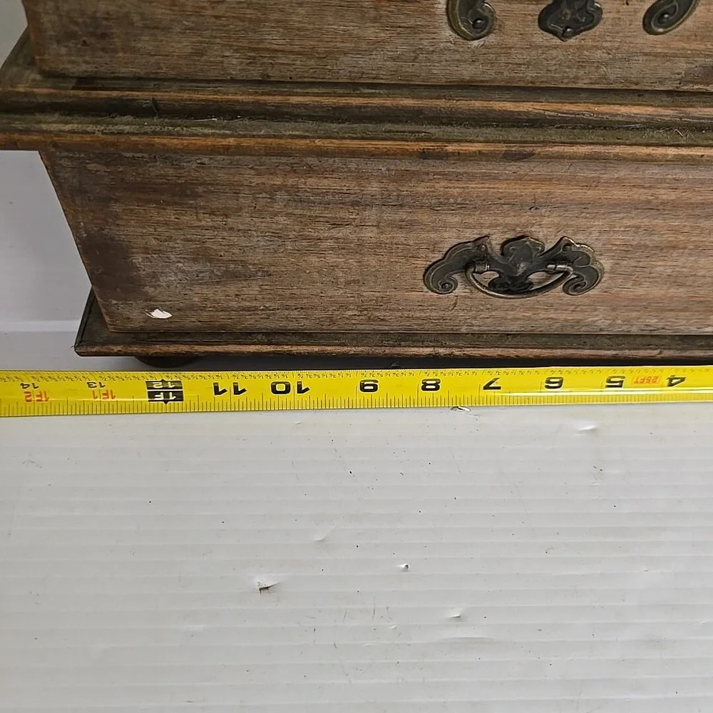 Antique Chinese Wood Carved 5 Drawer Pagoda Handle Storage Jewelry Box